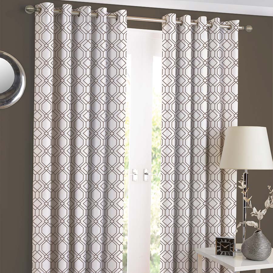 Tan and white shop curtains